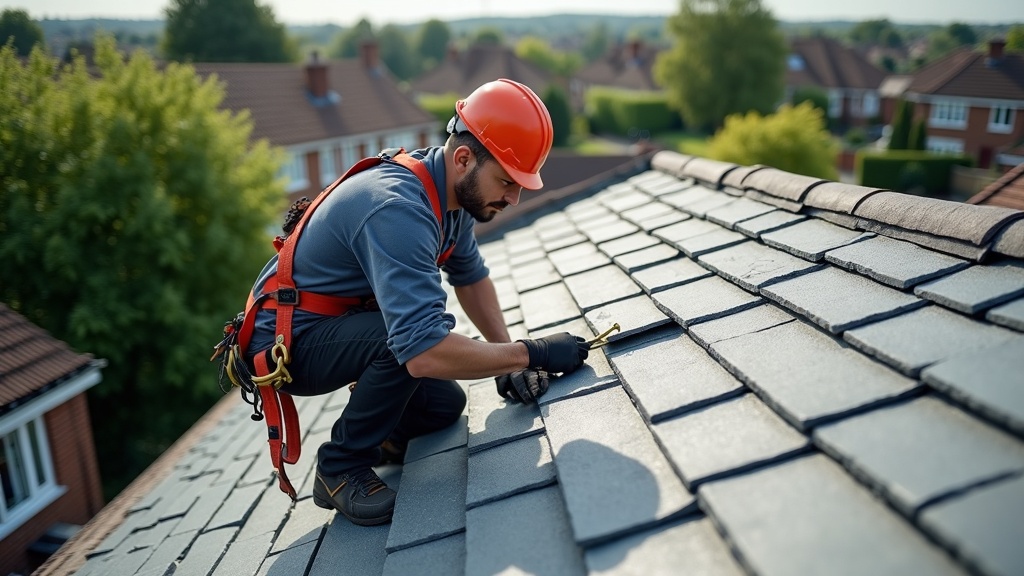 Roofer replacing roof tiles